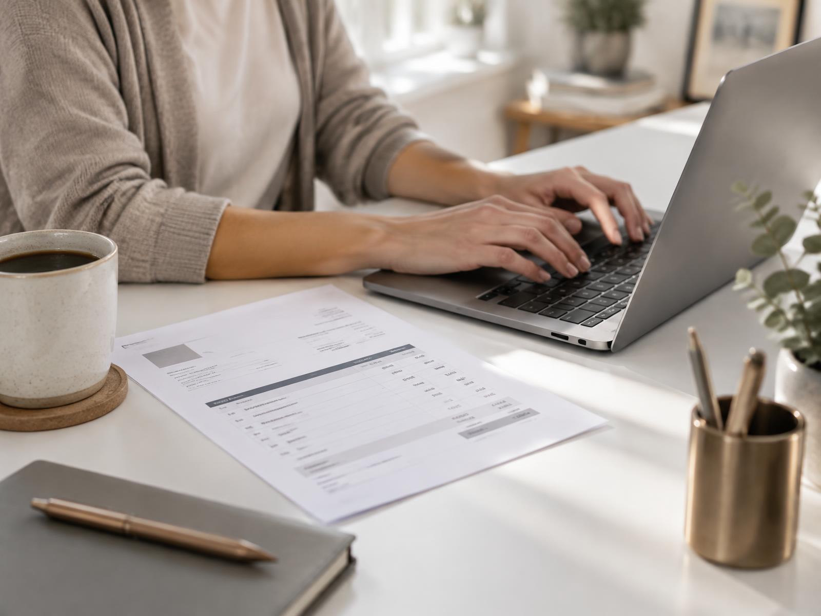 Bright, tidy workspace with laptop and documents